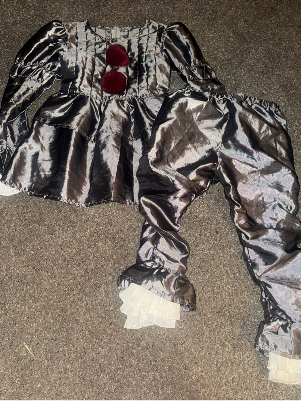 Girls Metallic Gray Vintage-Style Clown Costume with Burgundy Pom Poms